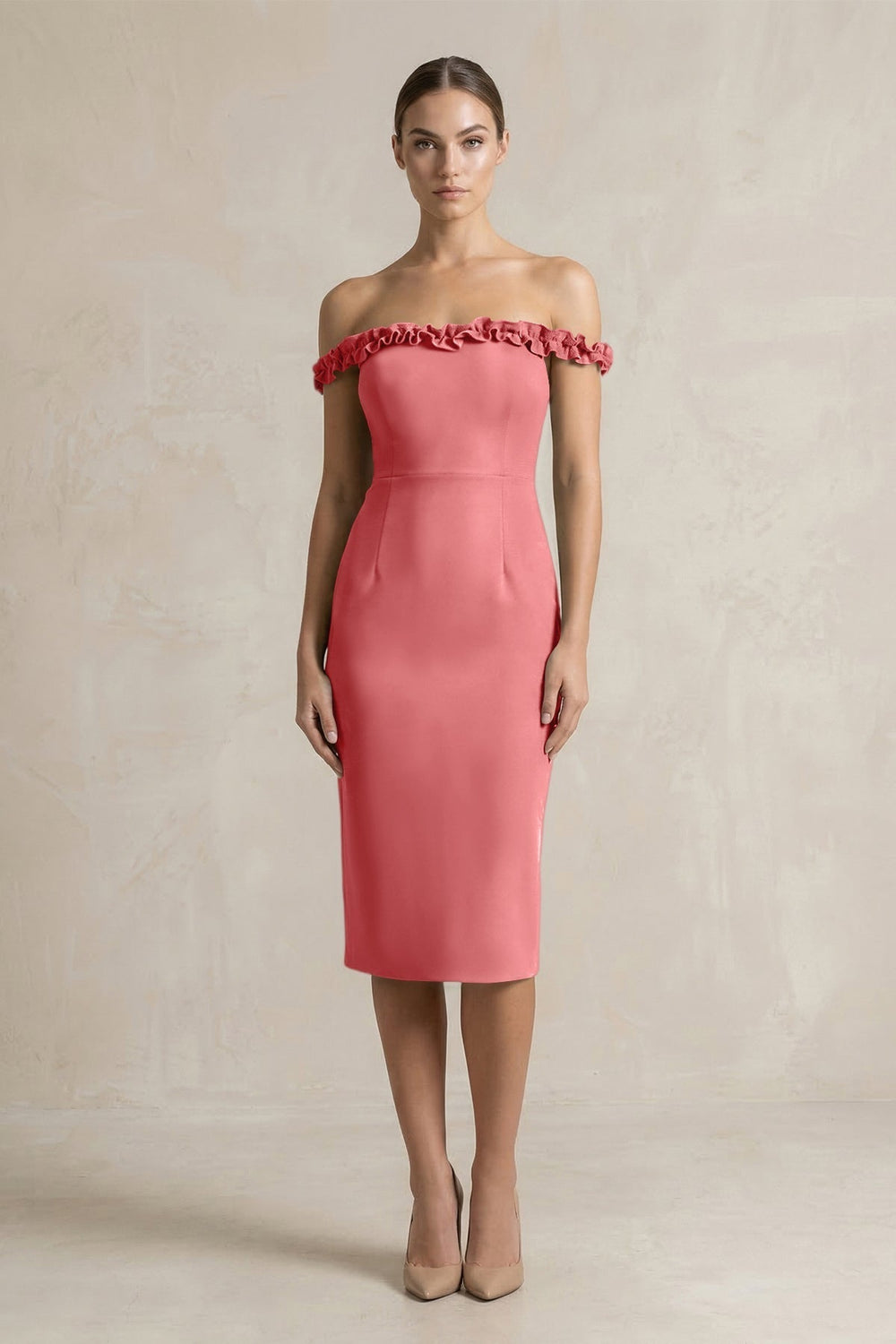 Off-the-Shoulder Sheath Ruffled Midi Bridesmaid Dress in Mulberry