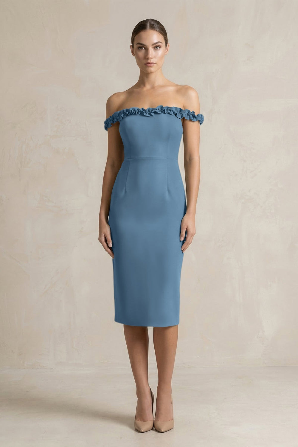 Off-the-Shoulder Sheath Ruffled Midi Bridesmaid Dress in Neptune