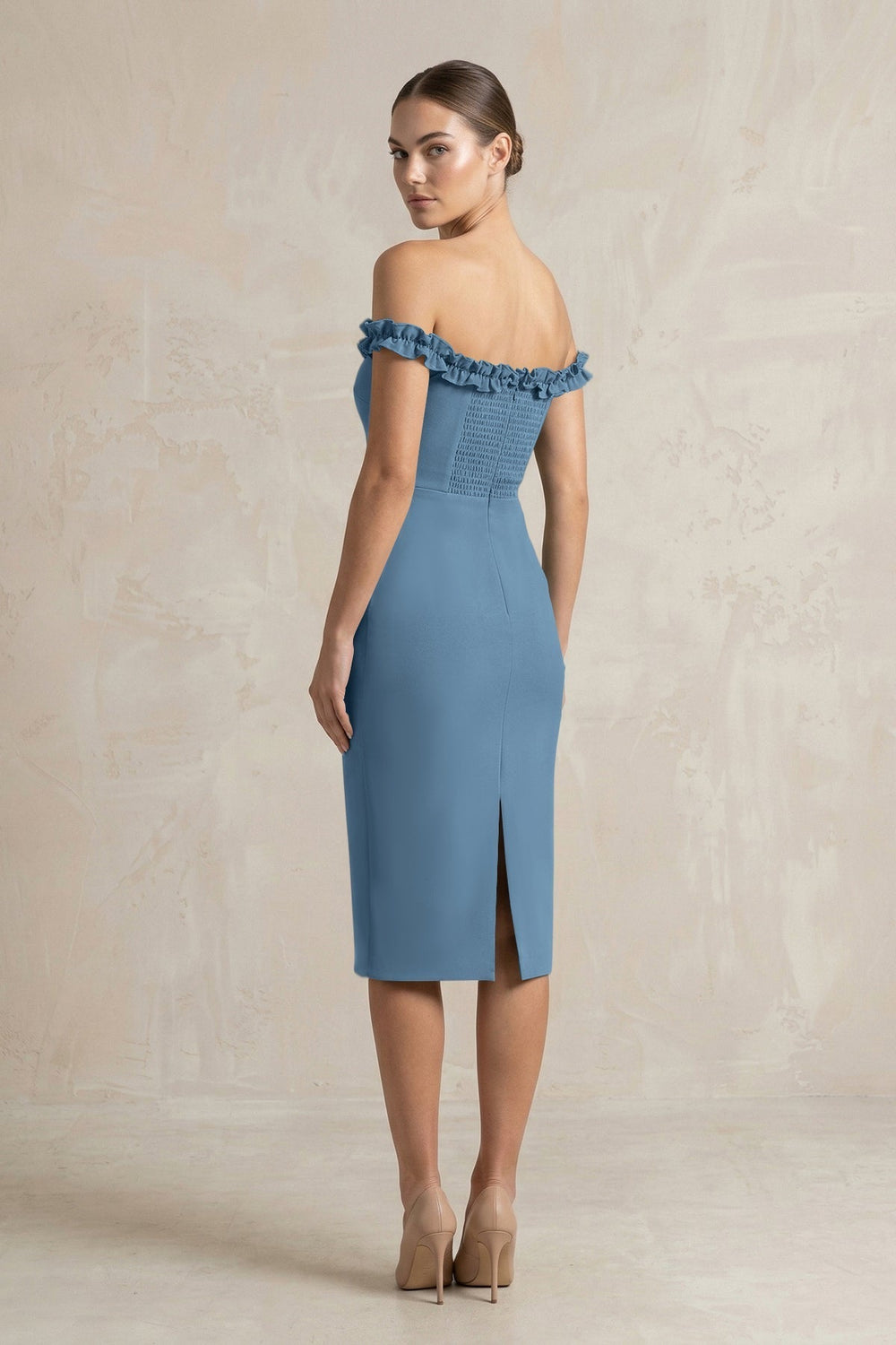 Off-the-Shoulder Sheath Ruffled Midi Bridesmaid Dress in Neptune