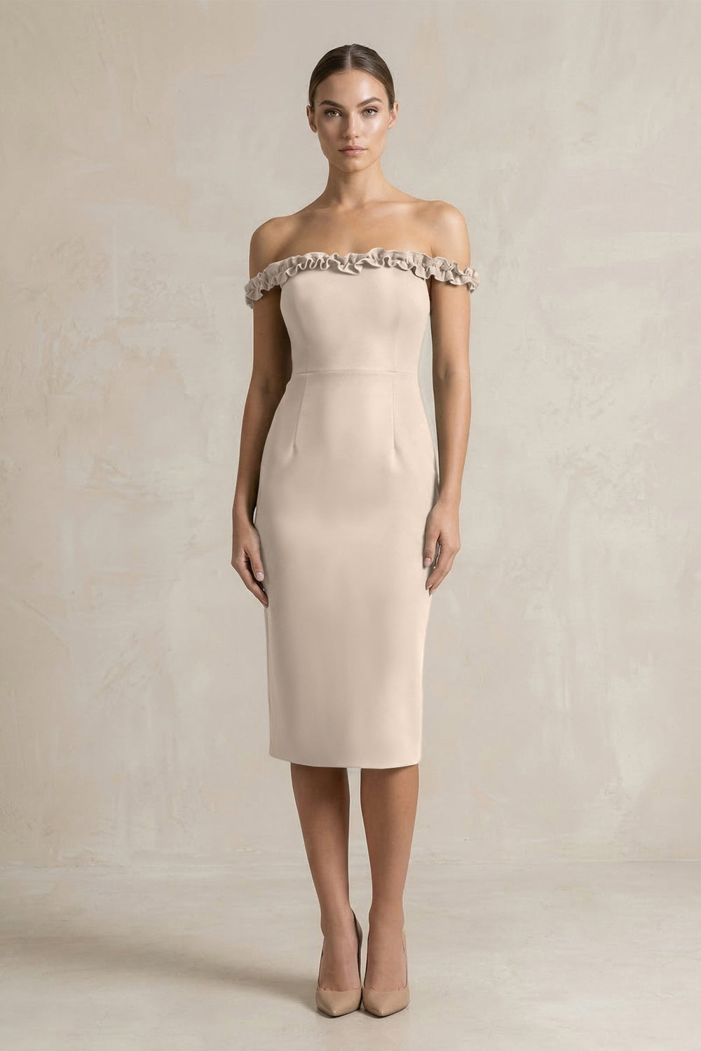 Off-the-Shoulder Sheath Ruffled Midi Bridesmaid Dress in Neutral Champagne