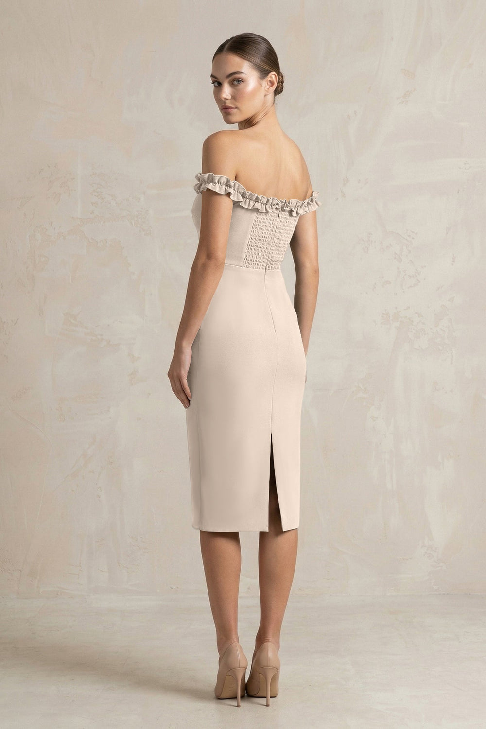 Off-the-Shoulder Sheath Ruffled Midi Bridesmaid Dress in Neutral Champagne