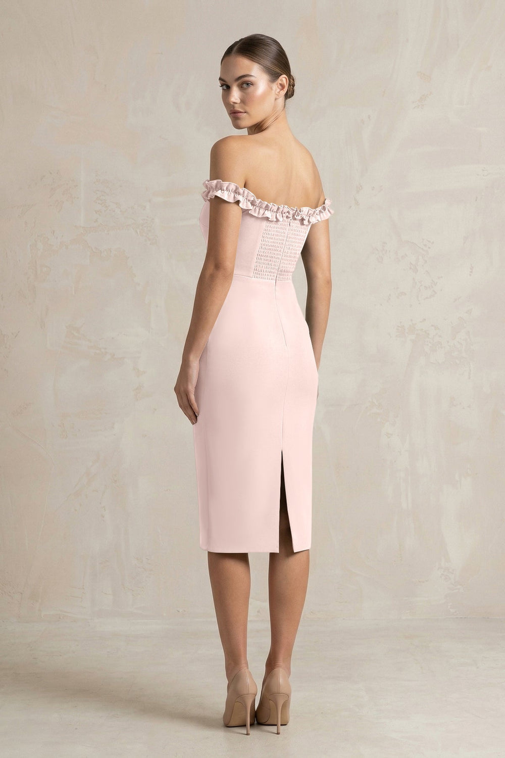 Off-the-Shoulder Sheath Ruffled Midi Bridesmaid Dress in Pale Blush