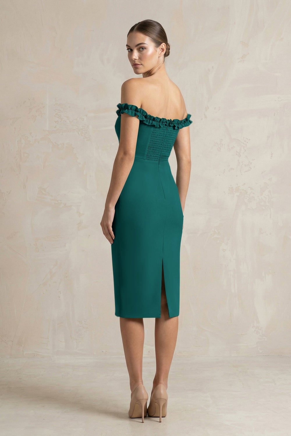 Off-the-Shoulder Sheath Ruffled Midi Bridesmaid Dress in Pine