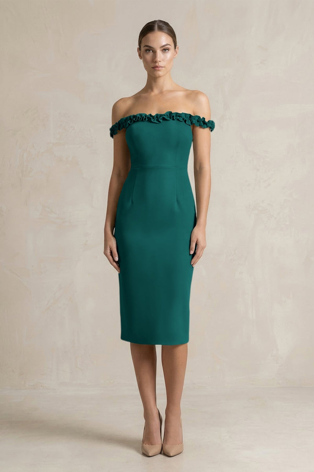 Off-the-Shoulder Sheath Ruffled Midi Bridesmaid Dress in Pine