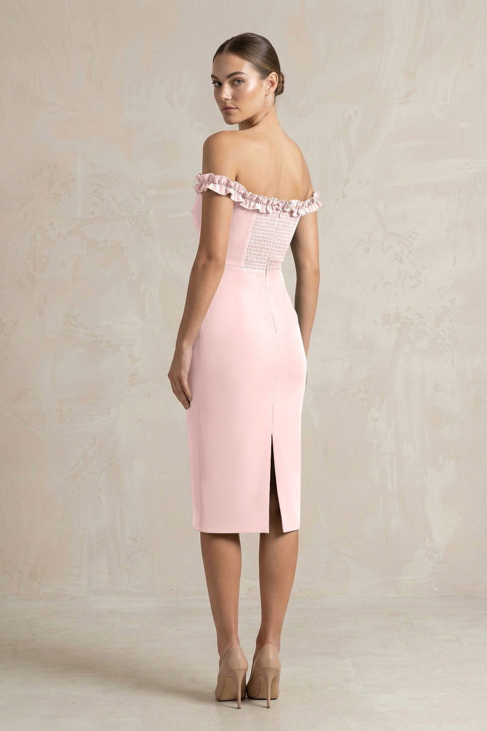 Off-the-Shoulder Sheath Ruffled Midi Bridesmaid Dress in Rose Petal