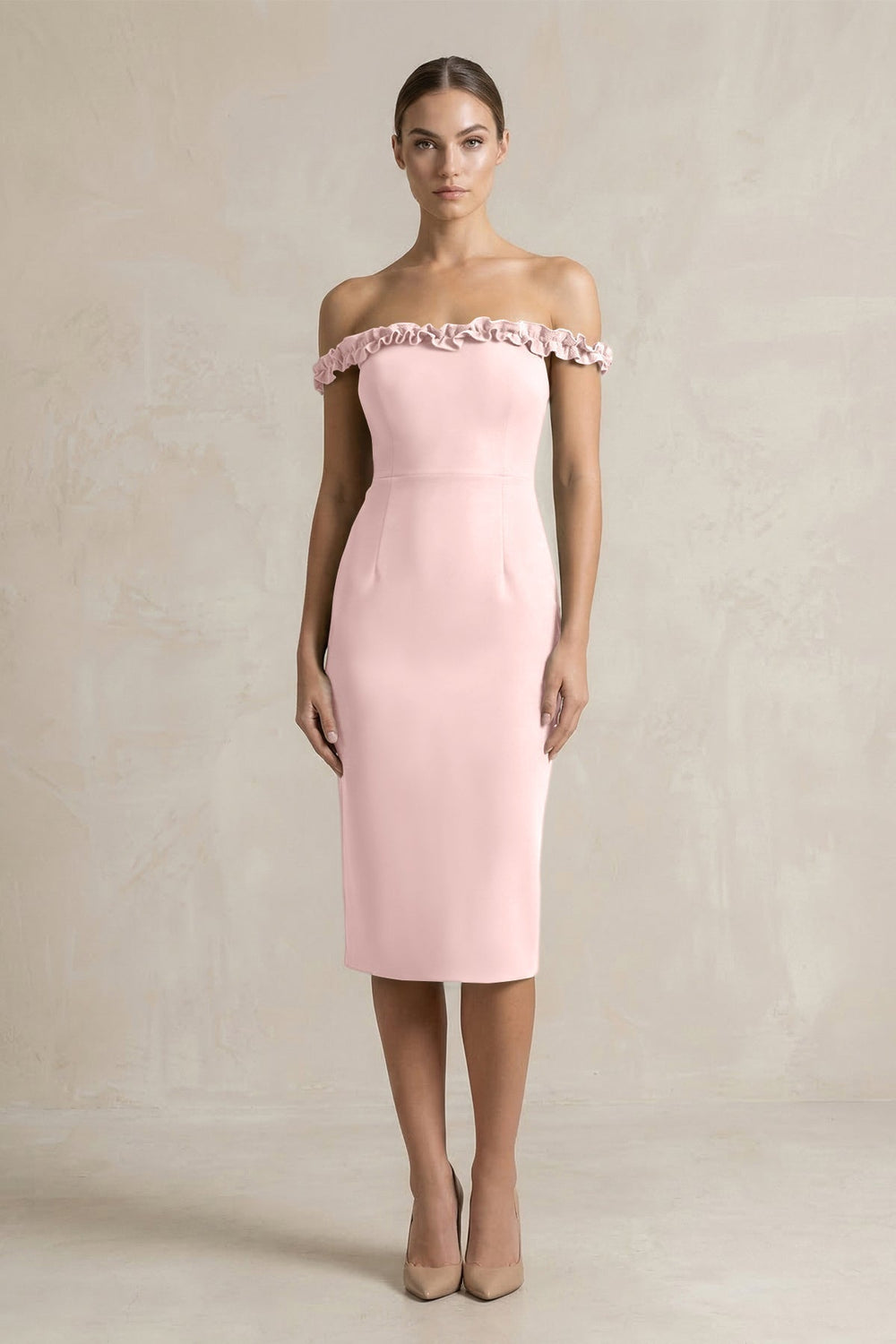 Off-the-Shoulder Sheath Ruffled Midi Bridesmaid Dress in Rose Petal