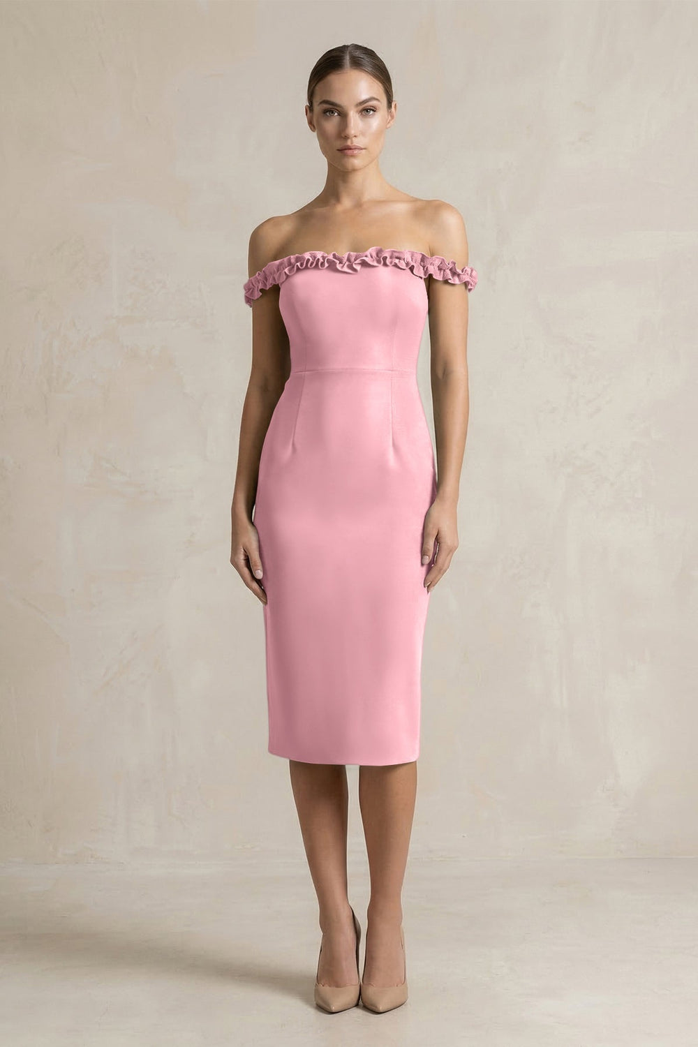 Off-the-Shoulder Sheath Ruffled Midi Bridesmaid Dress in Rosette