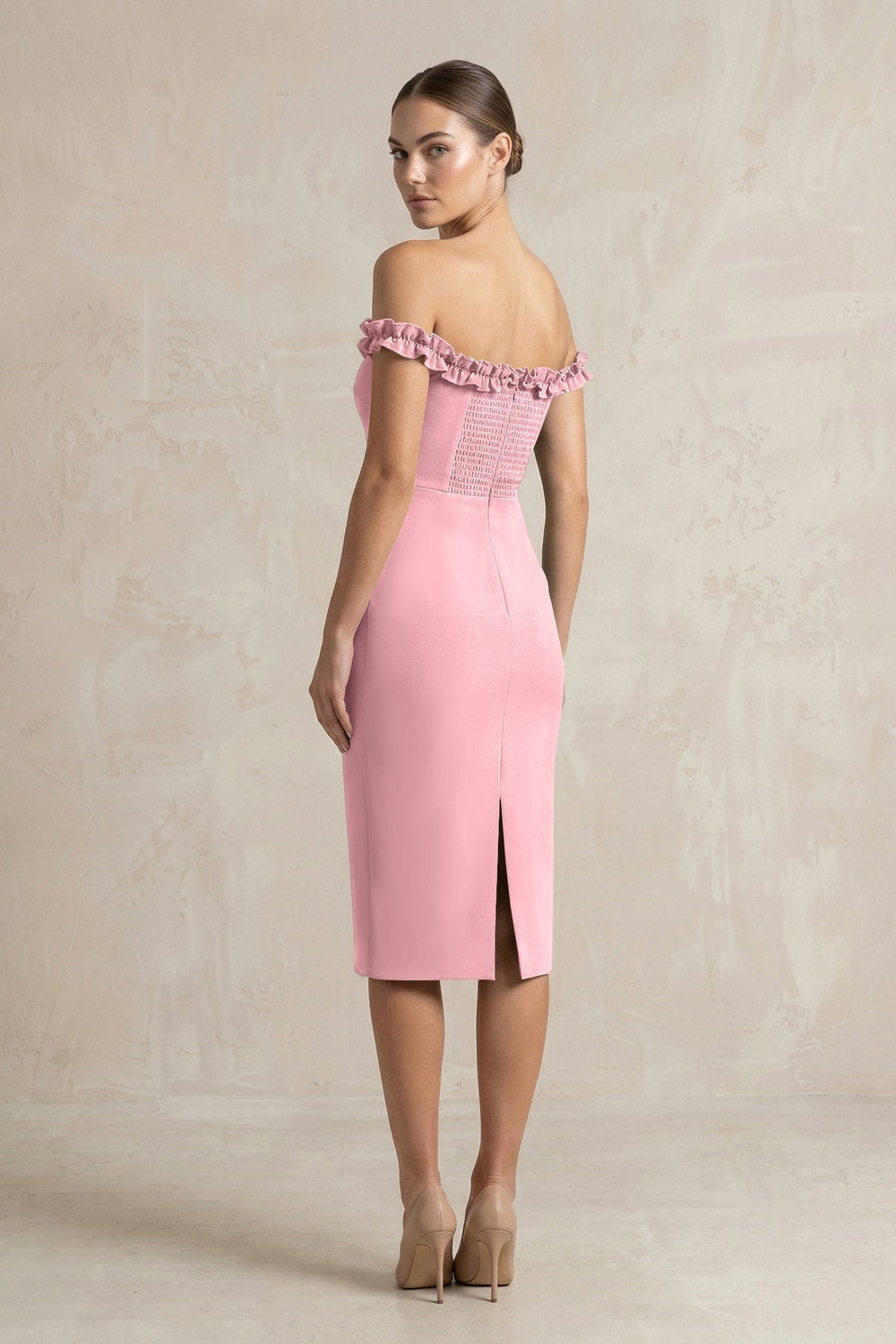 Off-the-Shoulder Sheath Ruffled Midi Bridesmaid Dress in Rosette