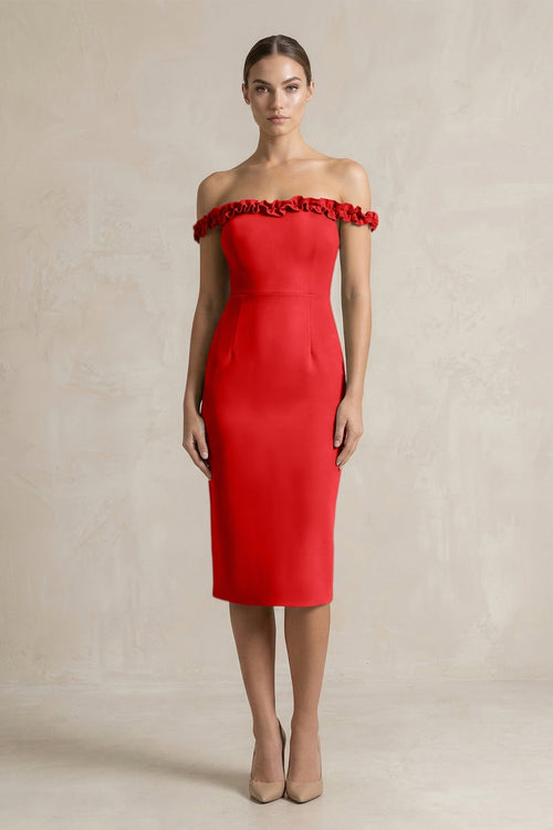 Off - the - Shoulder Sheath Ruffled Midi Bridesmaid Dress in Ruby Red - KISS BRIDAL Bridesmaid Dresses