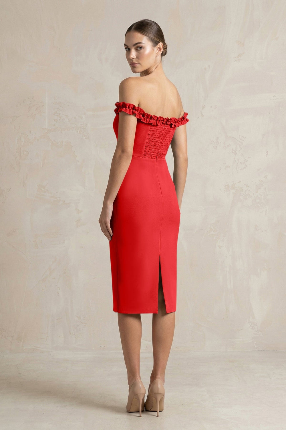 Off-the-Shoulder Sheath Ruffled Midi Bridesmaid Dress in Ruby Red