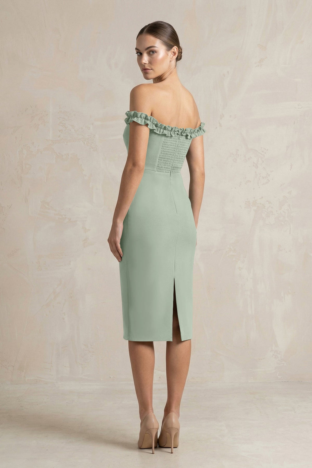 Off-the-Shoulder Sheath Ruffled Midi Bridesmaid Dress in Sage