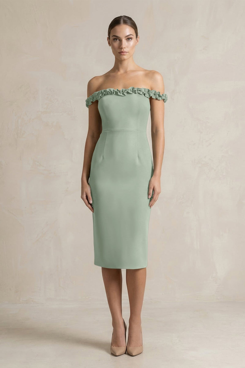 Off-the-Shoulder Sheath Ruffled Midi Bridesmaid Dress in Sage