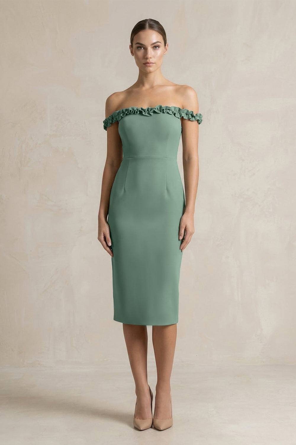 Off-the-Shoulder Sheath Ruffled Midi Bridesmaid Dress in Sea Glass