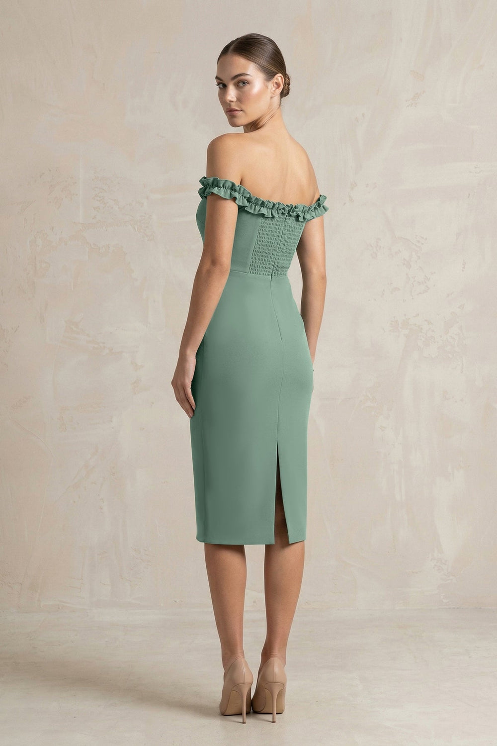 Off-the-Shoulder Sheath Ruffled Midi Bridesmaid Dress in Sea Glass