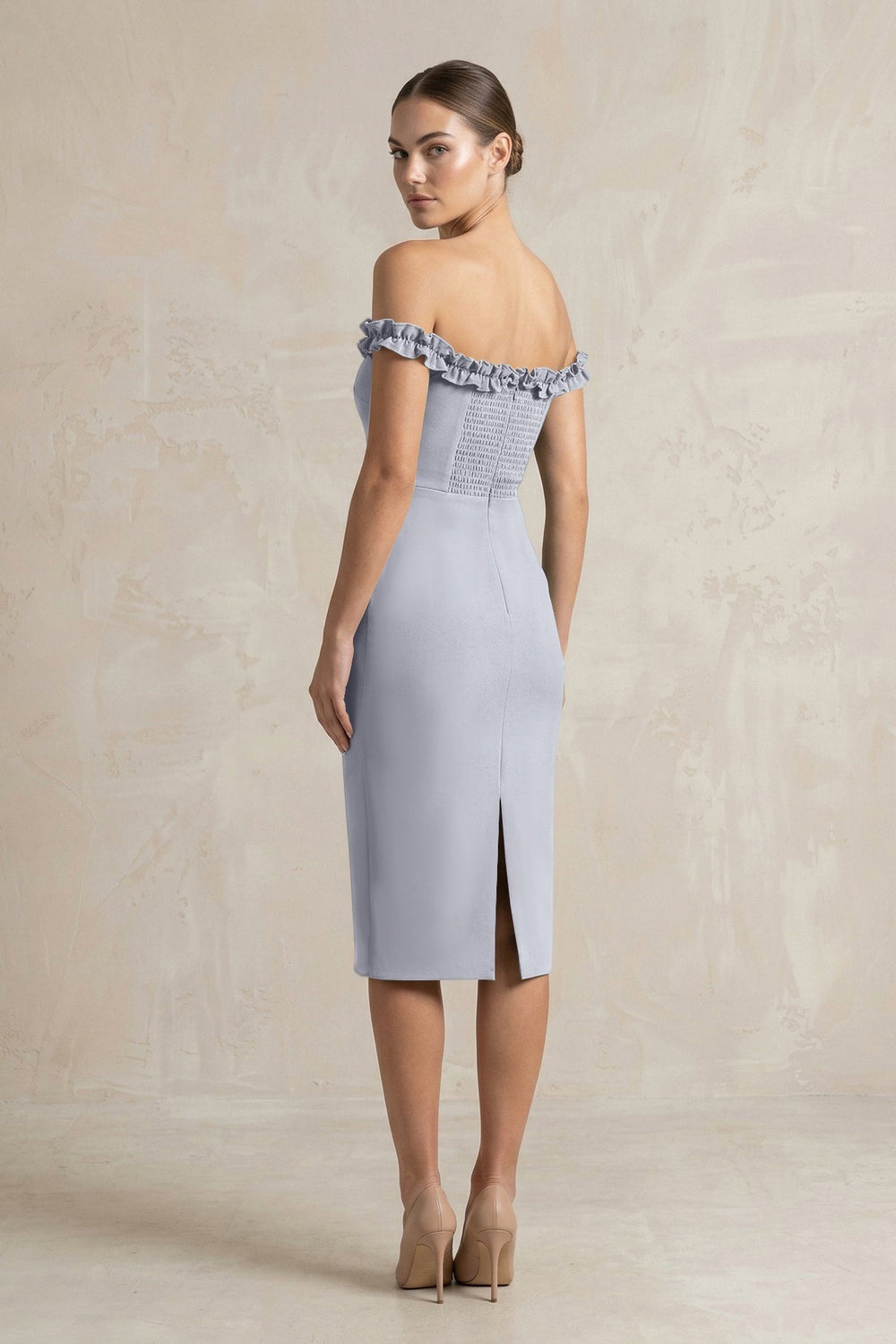 Off-the-Shoulder Sheath Ruffled Midi Bridesmaid Dress in Silver