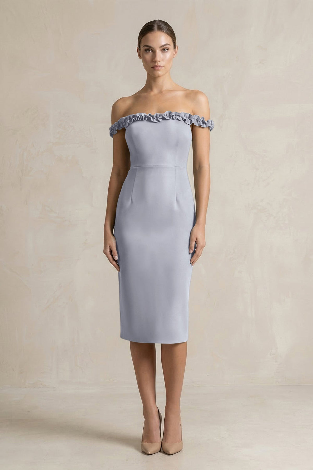 Off-the-Shoulder Sheath Ruffled Midi Bridesmaid Dress in Silver