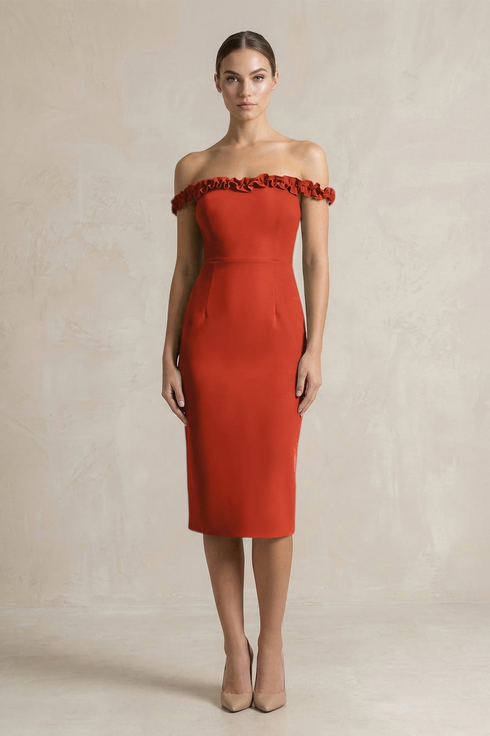 Off-the-Shoulder Sheath Ruffled Midi Bridesmaid Dress in Spice