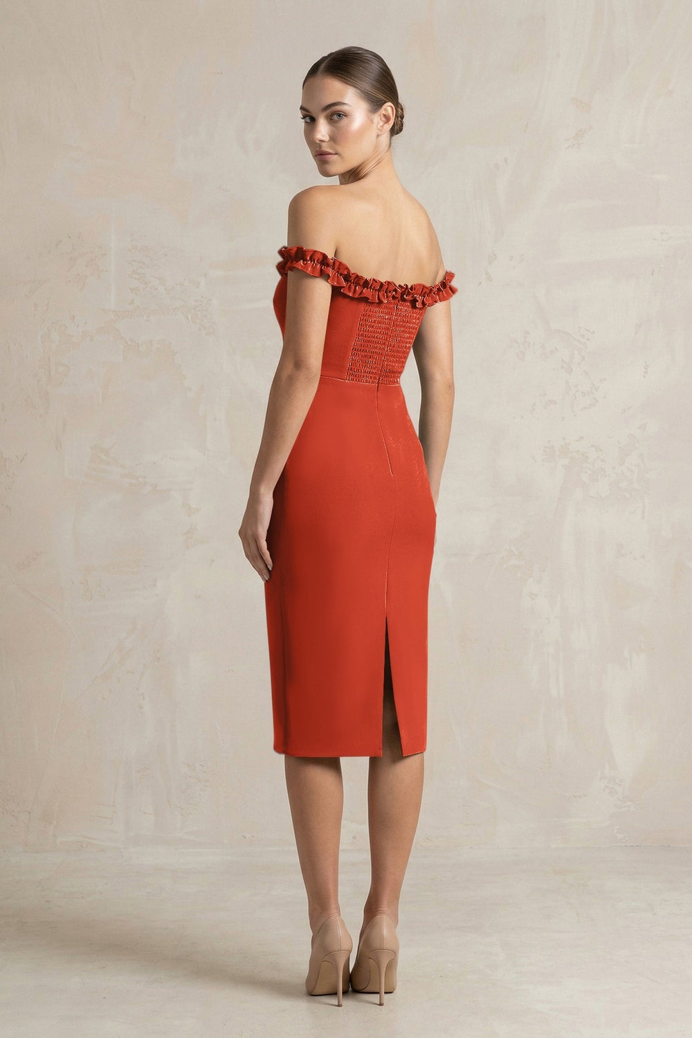 Off-the-Shoulder Sheath Ruffled Midi Bridesmaid Dress in Spice