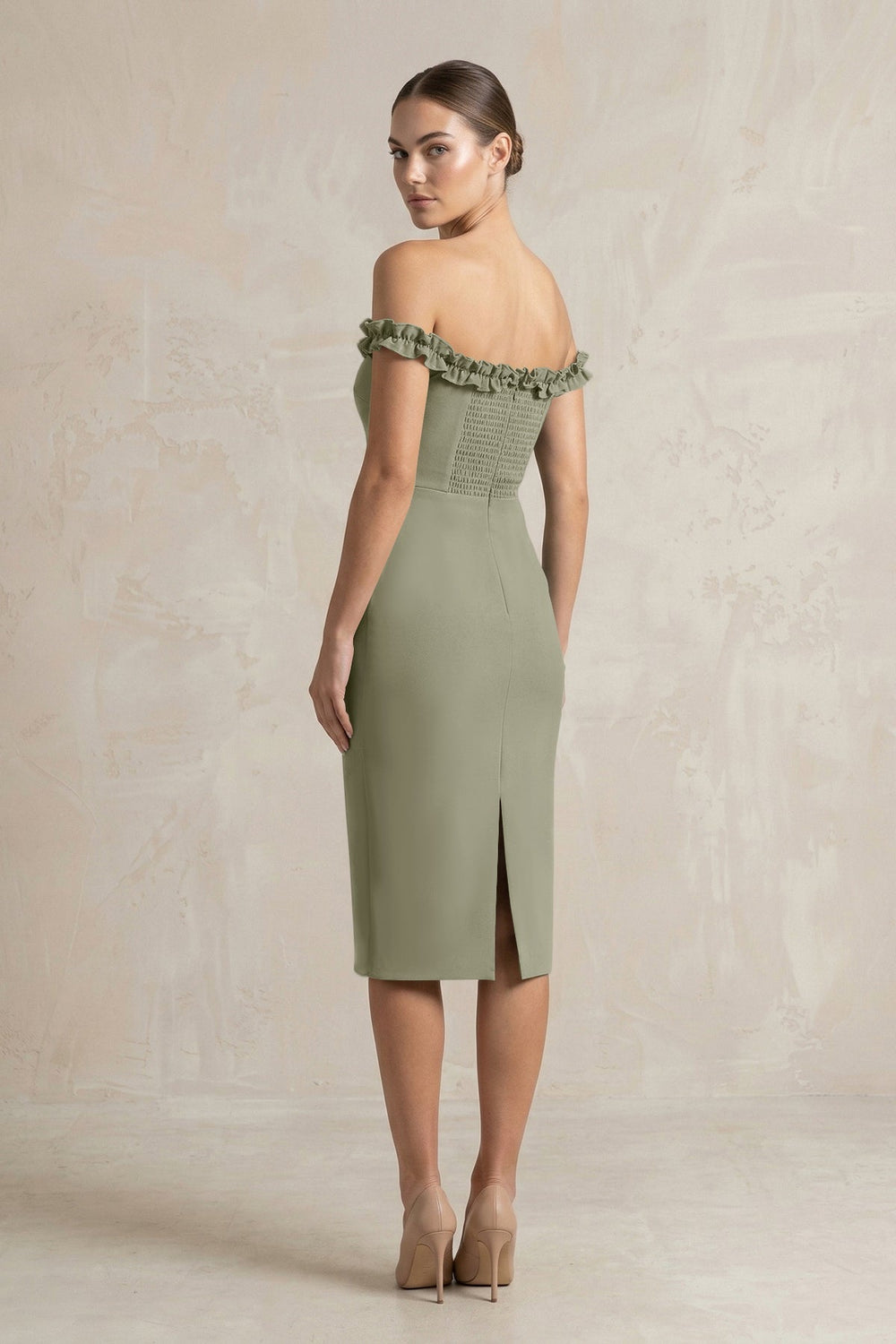 Off-the-Shoulder Sheath Ruffled Midi Bridesmaid Dress in Thyme