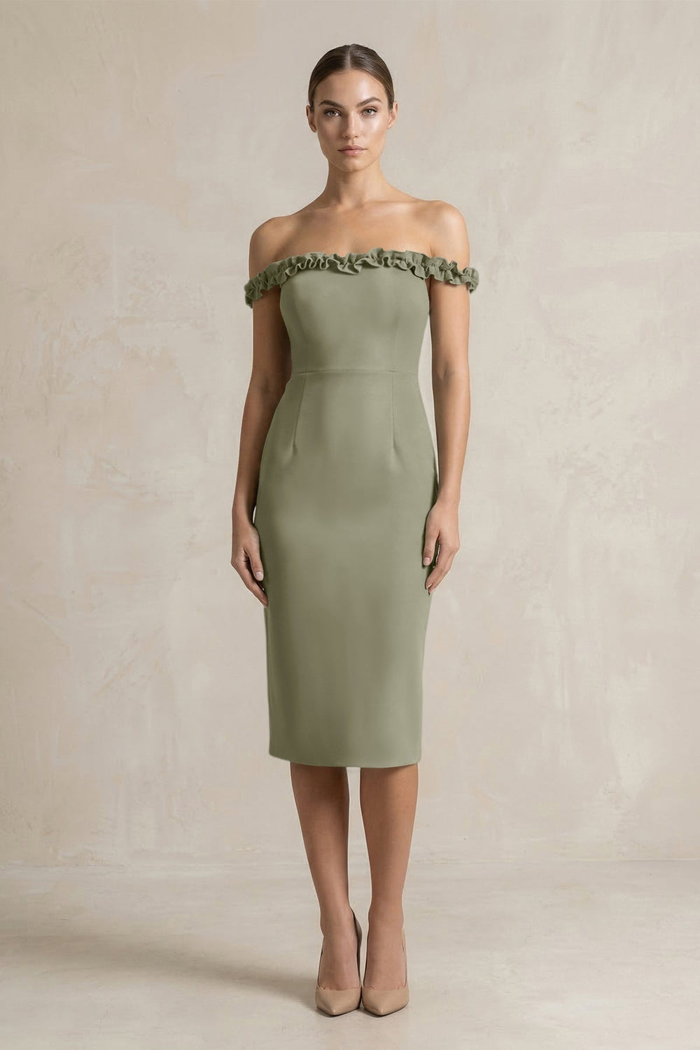 Off-the-Shoulder Sheath Ruffled Midi Bridesmaid Dress in Thyme