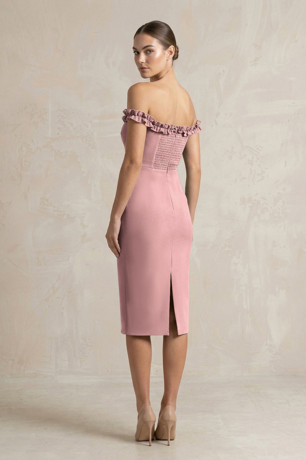 Off-the-Shoulder Sheath Ruffled Midi Bridesmaid Dress in Toffee
