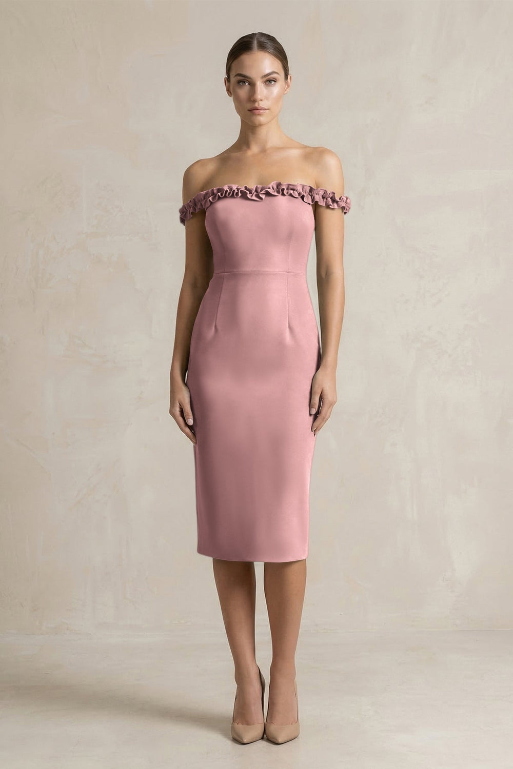 Off-the-Shoulder Sheath Ruffled Midi Bridesmaid Dress in Toffee