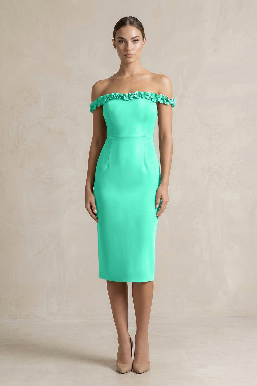 Off-the-Shoulder Sheath Ruffled Midi Bridesmaid Dress in Turquoise