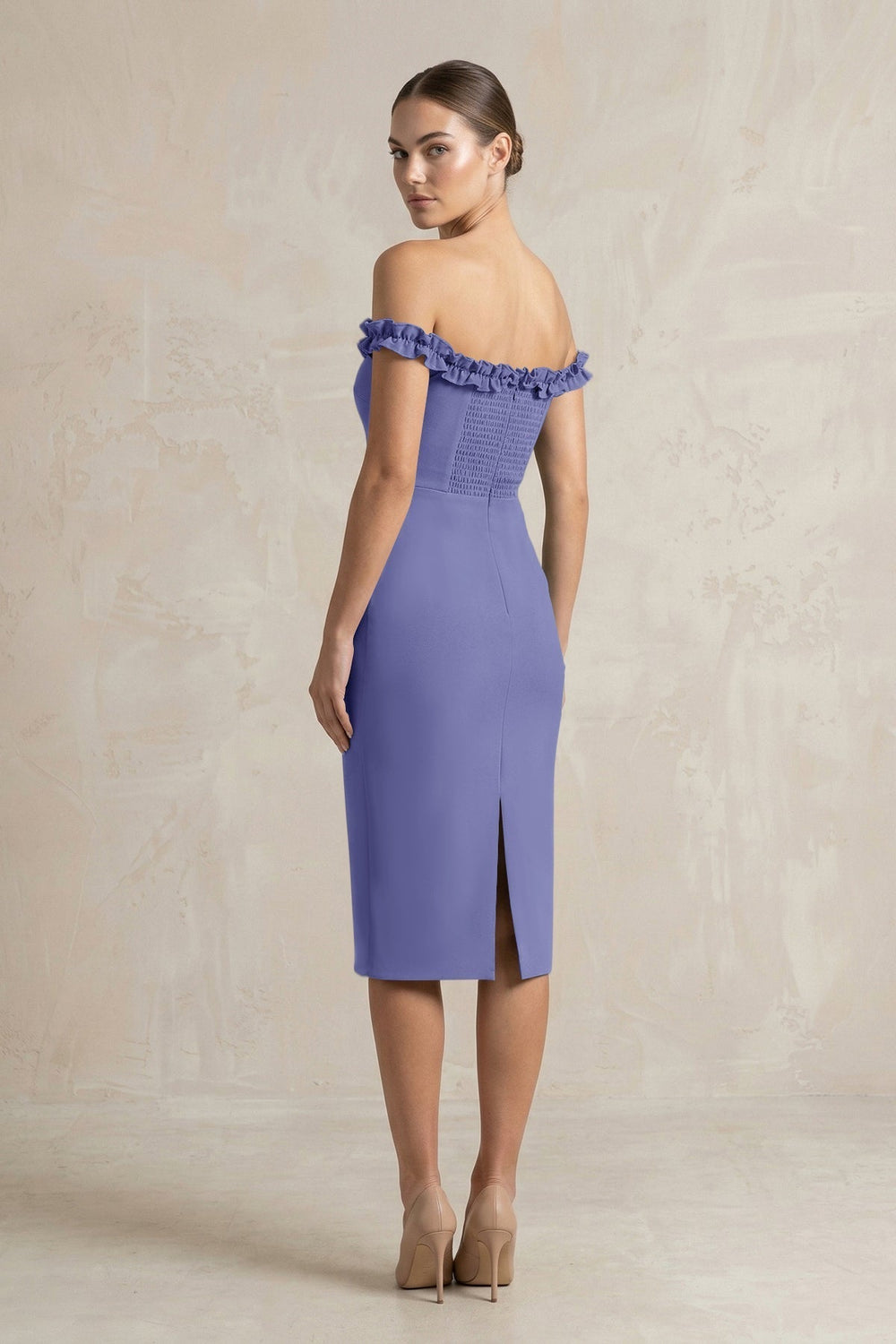 Off-the-Shoulder Sheath Ruffled Midi Bridesmaid Dress in Twilight