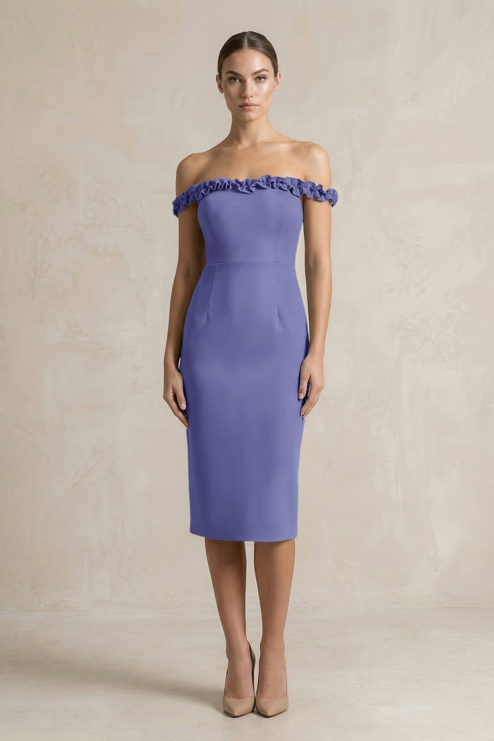 Off-the-Shoulder Sheath Ruffled Midi Bridesmaid Dress in Twilight