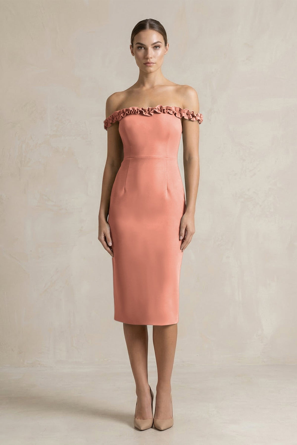 Off-the-Shoulder Sheath Ruffled Midi Bridesmaid Dress in Wild Rose