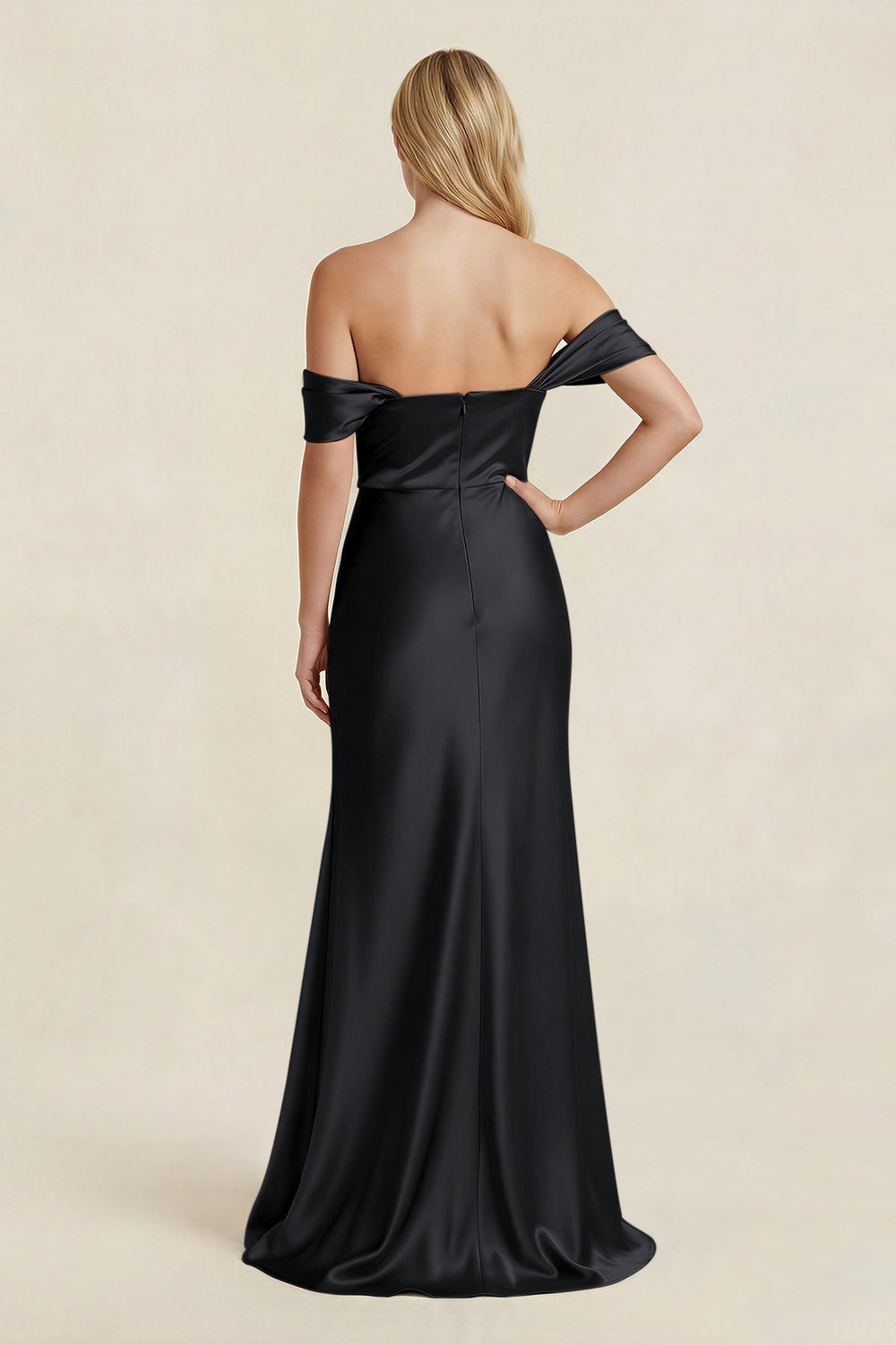Off-the-Shoulder Sheath Satin Bridesmaid Dress with Slit in Black