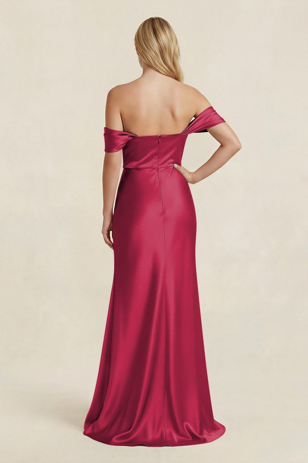 Off-the-Shoulder Sheath Satin Bridesmaid Dress with Slit in Burgundy