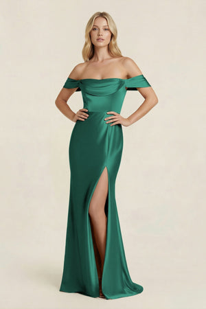 Off - the - Shoulder Sheath Satin Bridesmaid Dress with Slit in Dark Green - KISS BRIDAL Bridesmaid Dresses