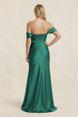 Off - the - Shoulder Sheath Satin Bridesmaid Dress with Slit in Dark Green - KISS BRIDAL Bridesmaid Dresses