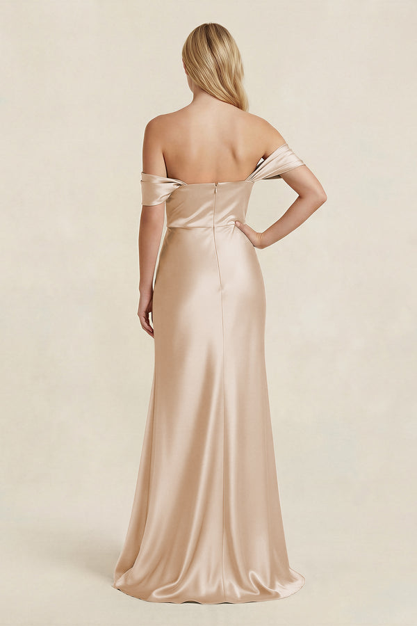 Off-the-Shoulder Sheath Satin Bridesmaid Dress with Slit in Golden Champagne - KISS BRIDAL BRIDESMAID DRESSES