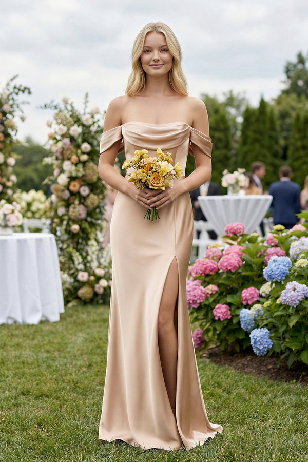 Off-the-Shoulder Sheath Satin Bridesmaid Dress with Slit in Golden Champagne - KISS BRIDAL BRIDESMAID DRESSES