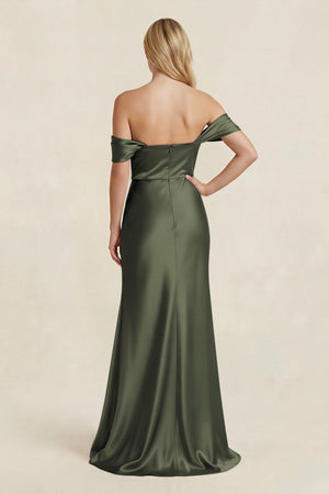 Off - the - Shoulder Sheath Satin Bridesmaid Dress with Slit in Olive - KISS BRIDAL Bridesmaid Dresses
