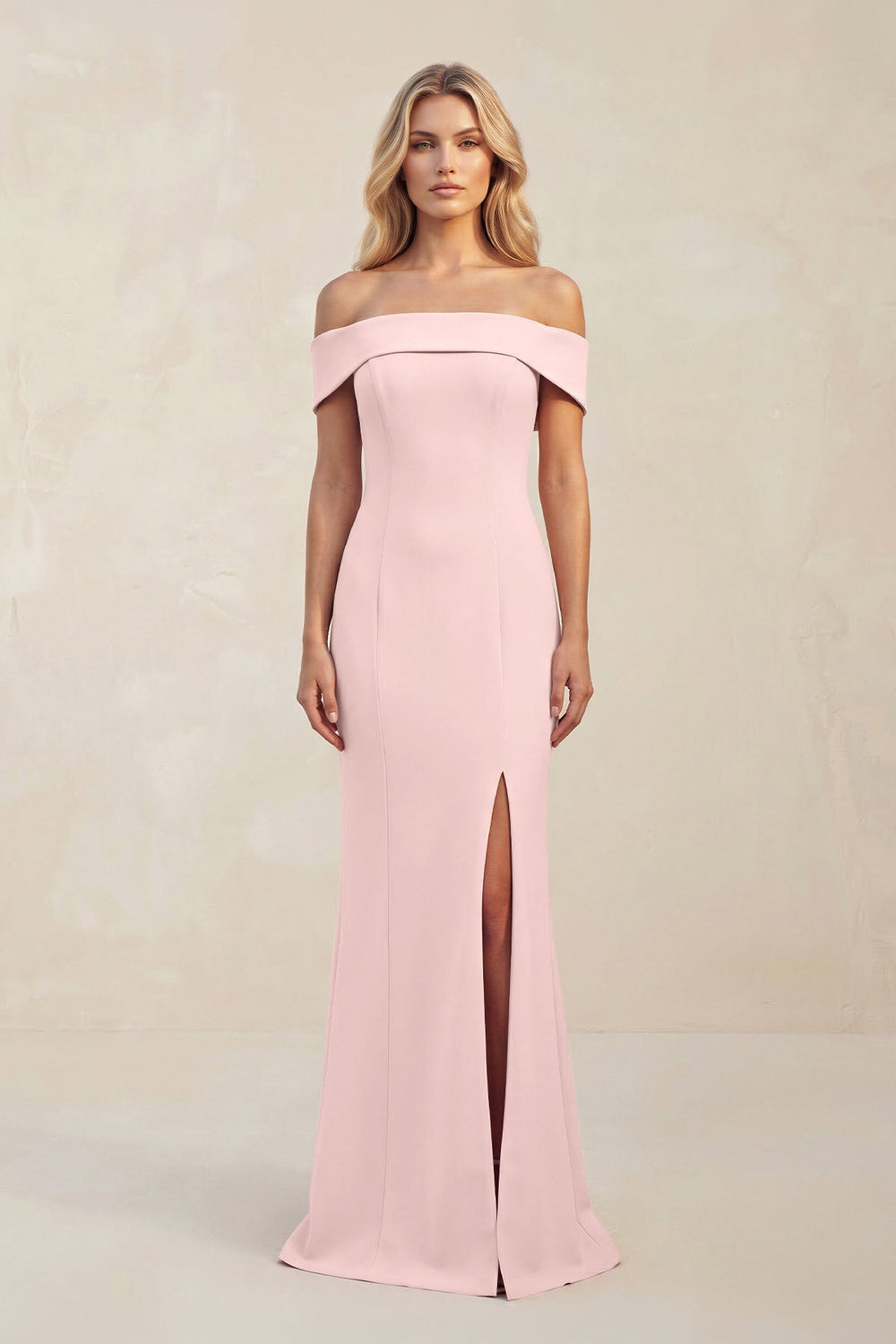 Sheath Off-the-Shoulder Satin Bridesmaid Dress With Slit in Rose Petal
