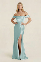 Off - the - Shoulder Sheath Satin Bridesmaid Dress with Slit in Sage - KISS BRIDAL Bridesmaid Dresses