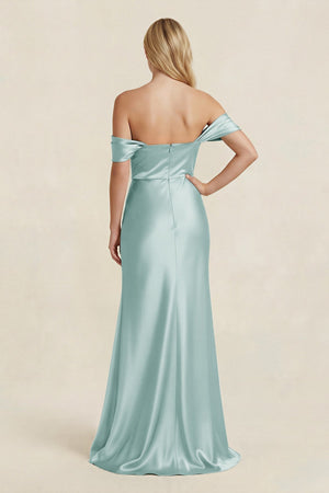 Off - the - Shoulder Sheath Satin Bridesmaid Dress with Slit in Sage - KISS BRIDAL Bridesmaid Dresses