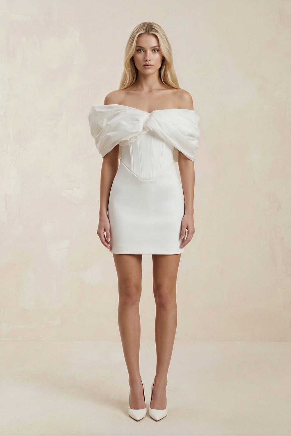 Off-the-Shoulder Sheath Satin Mini Wedding Dress in Ivory