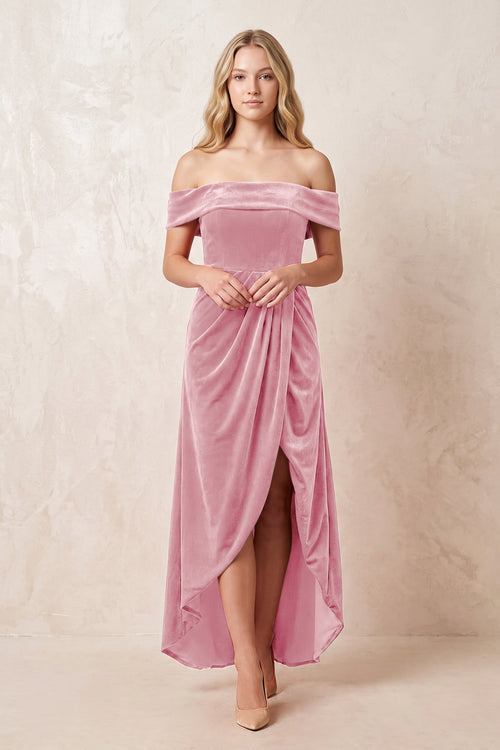 Off the Shoulder Sheath Velvet Midi Bridesmaid Dress in Blush Pink - KISS BRIDAL Bridesmaid Dresses
