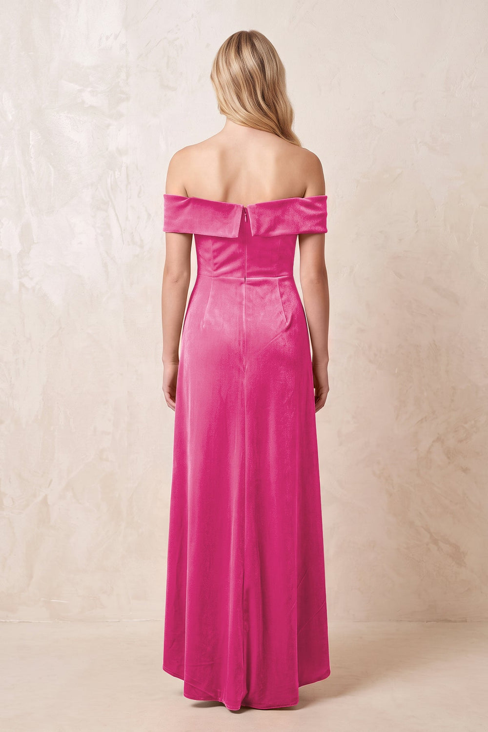 Off-the-Shoulder Sheath Velvet Midi Bridesmaid Dress in Bon Bon Pink