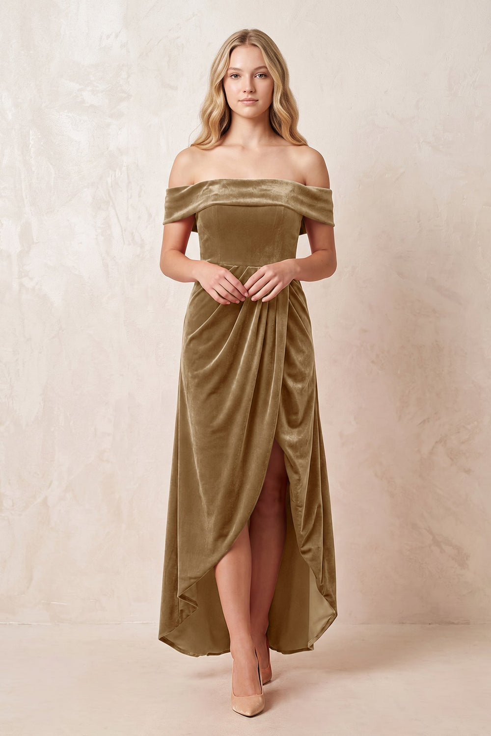 Off-the-Shoulder Sheath Velvet Midi Bridesmaid Dress in Bronzer