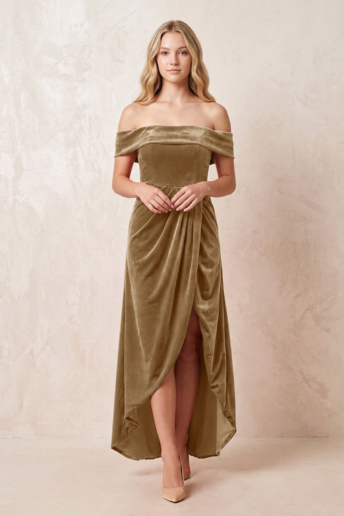 Off - the - Shoulder Sheath Velvet Midi Bridesmaid Dress in Bronzer - KISS BRIDAL Bridesmaid Dresses
