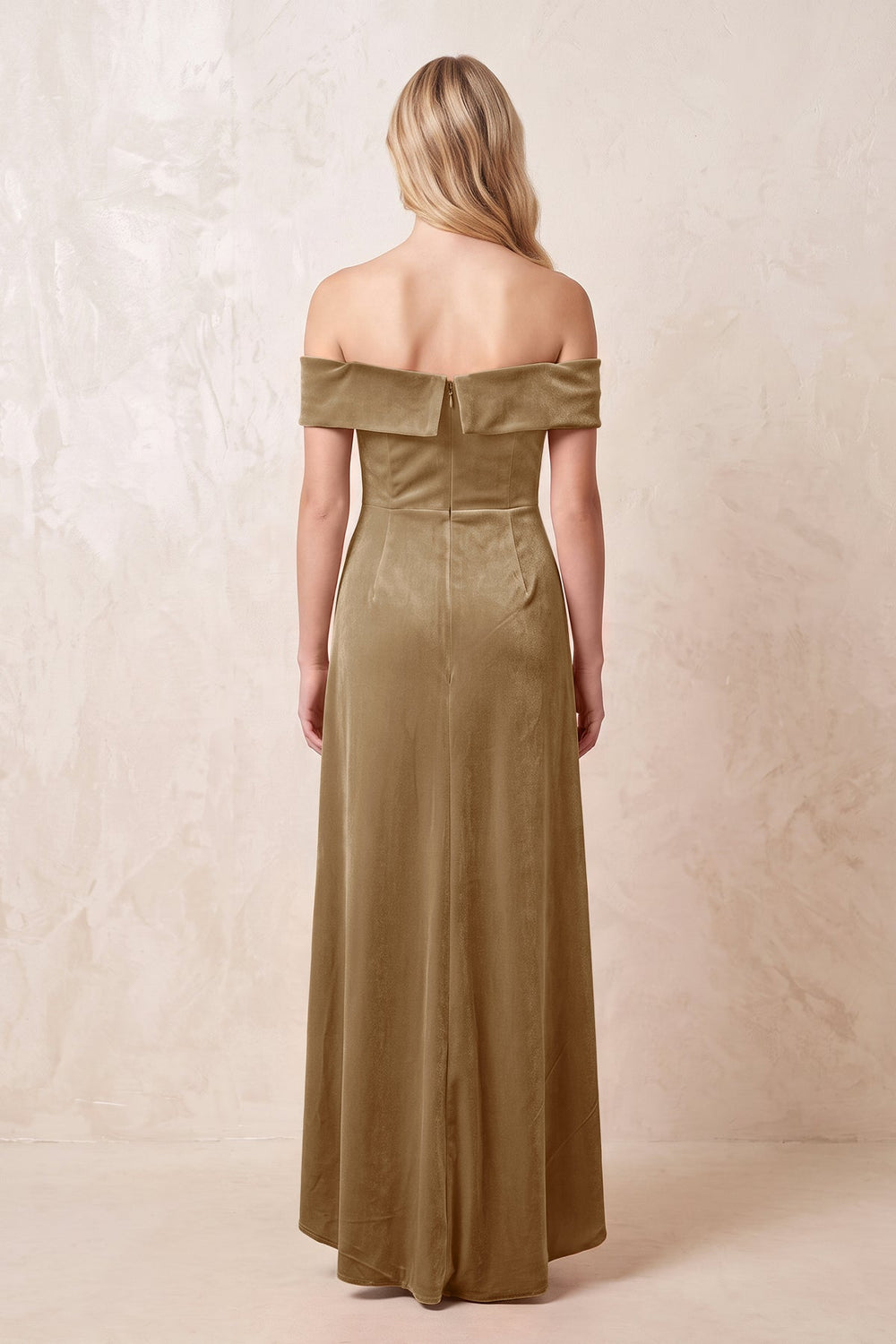 Off-the-Shoulder Sheath Velvet Midi Bridesmaid Dress in Bronzer