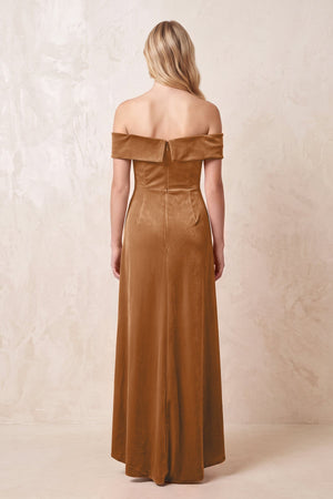 Off - the - Shoulder Sheath Velvet Midi Bridesmaid Dress in Brown - KISS BRIDAL Bridesmaid Dresses