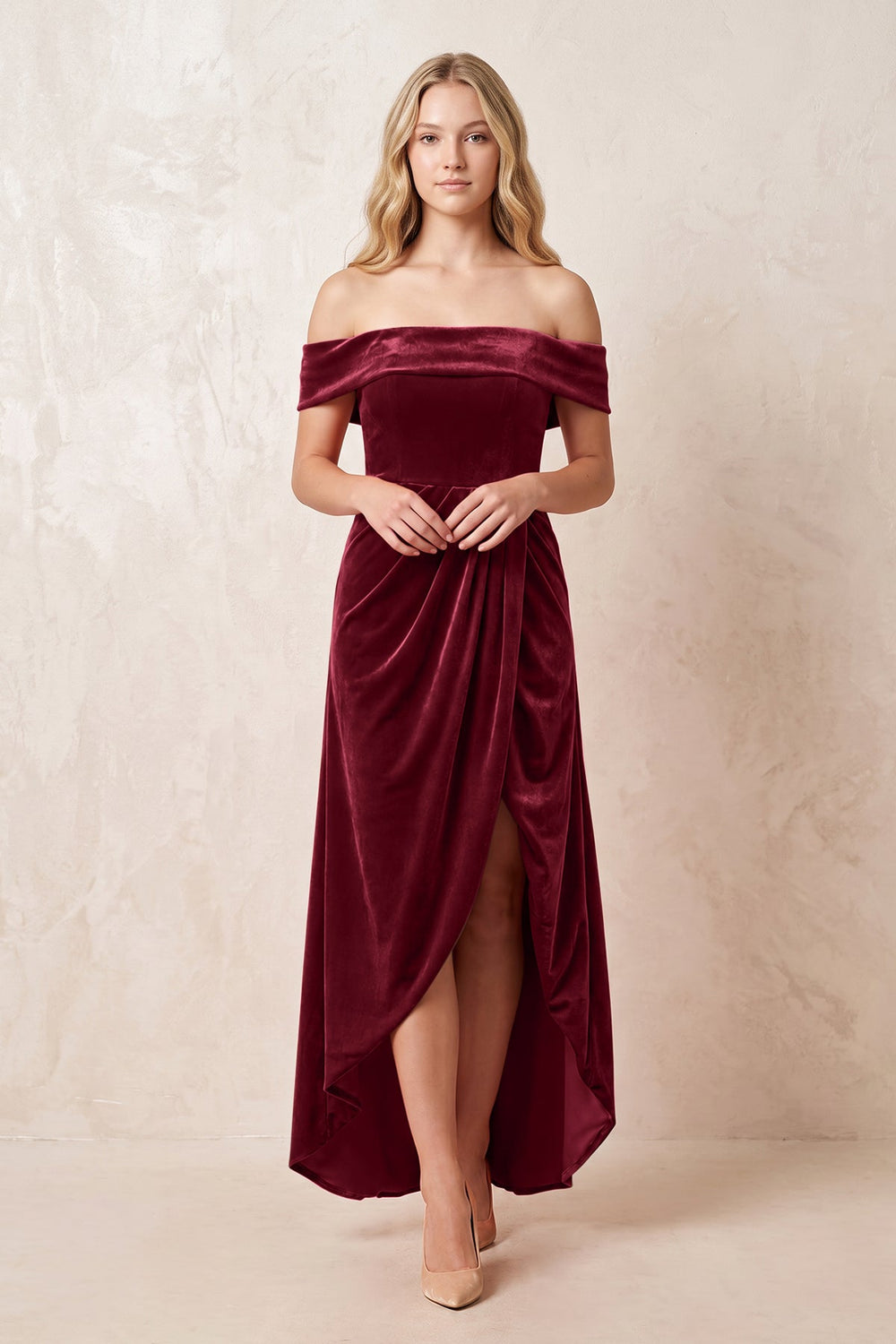 Off-the-Shoulder Sheath Velvet Midi Bridesmaid Dress in Burgundy