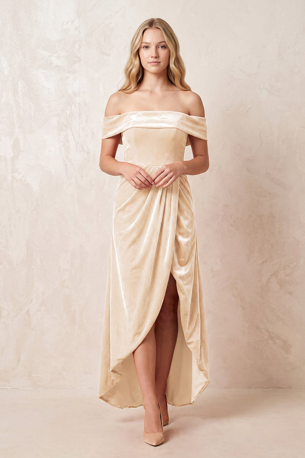 Off-the-Shoulder Sheath Velvet Midi Bridesmaid Dress in Champagne