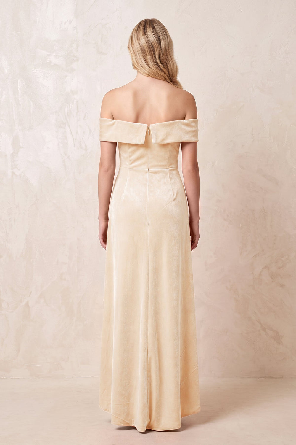 Off-the-Shoulder Sheath Velvet Midi Bridesmaid Dress in Champagne